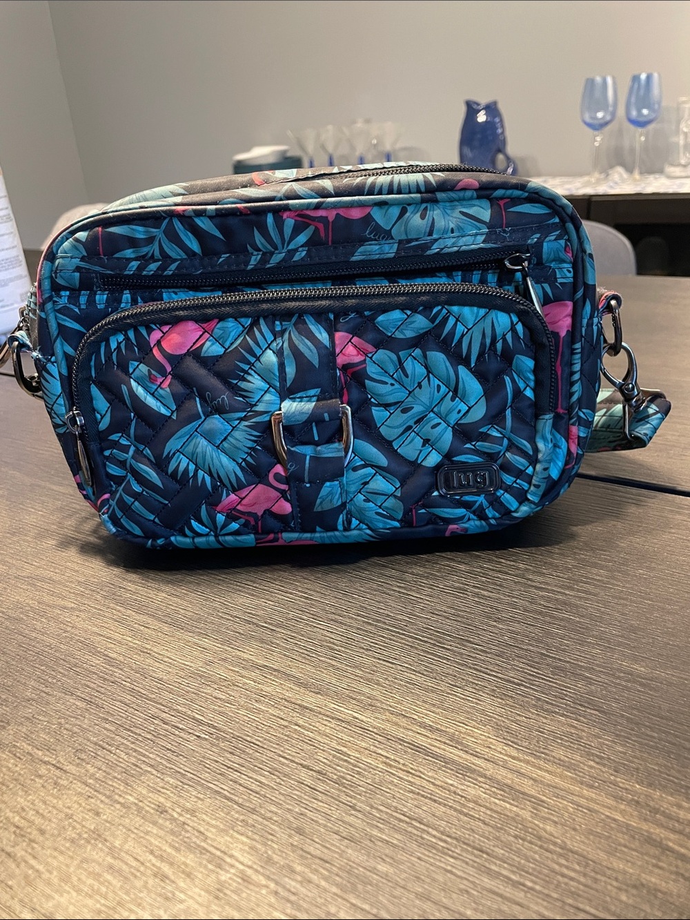lug Quilted Tropical Leaf Crossbody - Blue & Pink Accents